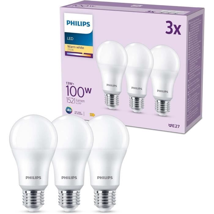 Pack de 3 ampoules LED - PHILIPS - E27 - 100W - Blanc chaud