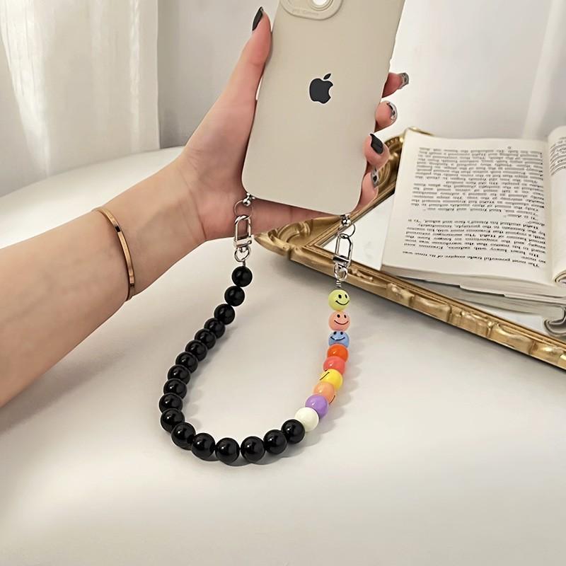 INS wind acrylic beads colored smiley face anti-lost lanyard diagonal span hand carry fashion chain mobile phone chain