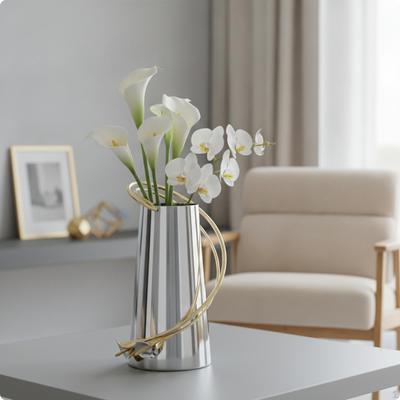 Vase with Gilded Ornament Silver Tabletop Lustrous for Home Decor 17x13x22cm