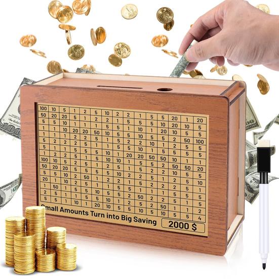 Wooden Money Box with Counter Marker Pen Target Number Sticker Vintage Piggy