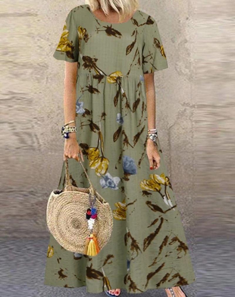 Plus Size Summer Loose Long Sleeve Round Neck Floral Print Casual Women's Holiday Beach Dress Vintage Style Maxi Dress