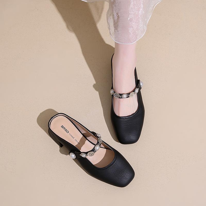 Mary Jane shoes half slippers women's 2025 summer outer wear silver high-end sense one pedal lazy shoes sandals muller shoes