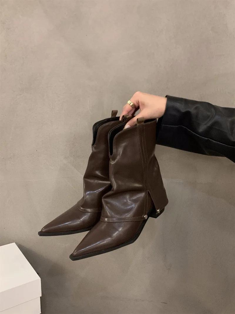 

Модные винтажные женские сапоги в стиле ковбойши, модные дизайнерские элегантные остроносые брюки, толстые каблуки, женские современные короткие брюки, ботильоны 39 темно-коричневого