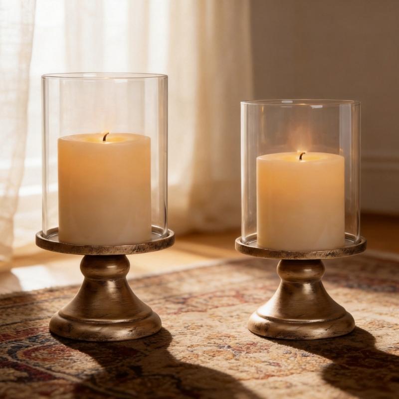 Conjunto de Castiçais à Prova de Vento para Mesa com Cúpula de Vidro Transparente e Bases em Tom Bronze para Centro de Mesa de Casamento, Decoração de Entrada para Casa