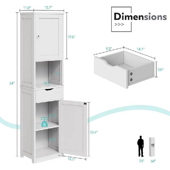 Tall Bathroom Storage Cabinet, 64”H Narrow Storage Unit for Small Spaces, Freestanding Modern Cabinet with Adjustable Shelves