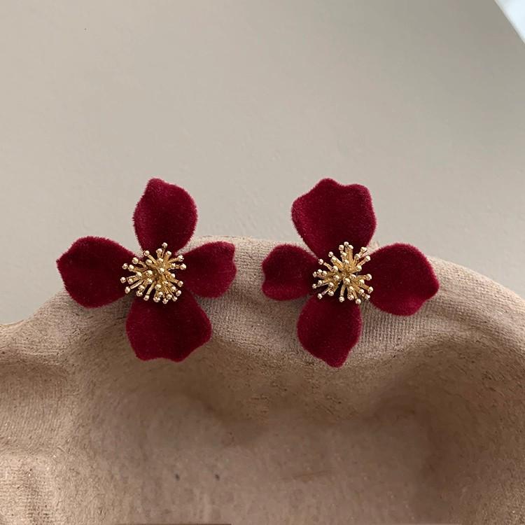 Elegant Retro French Red Flocked Flower Stud Earrings