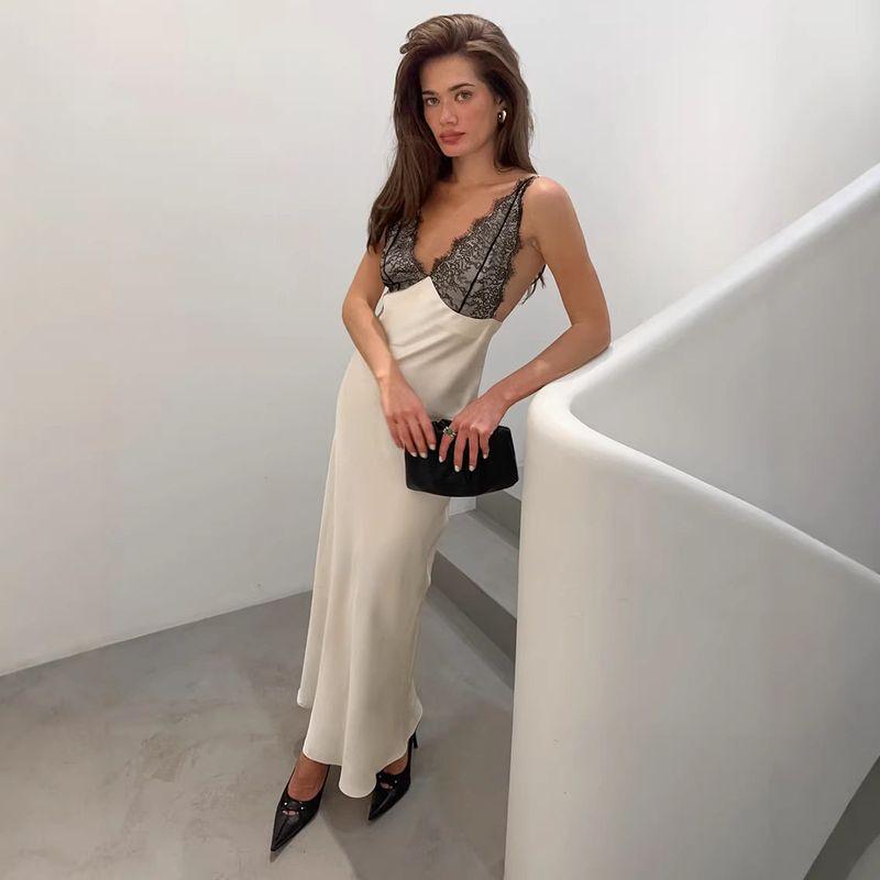 2026 Sommer Neu Grenzüberschreitender Stil Sexy V-Ausschnitt Spitze Patchwork Satin Kleid für Damen, High-End Figurbetont Elegant Langarmkleid
