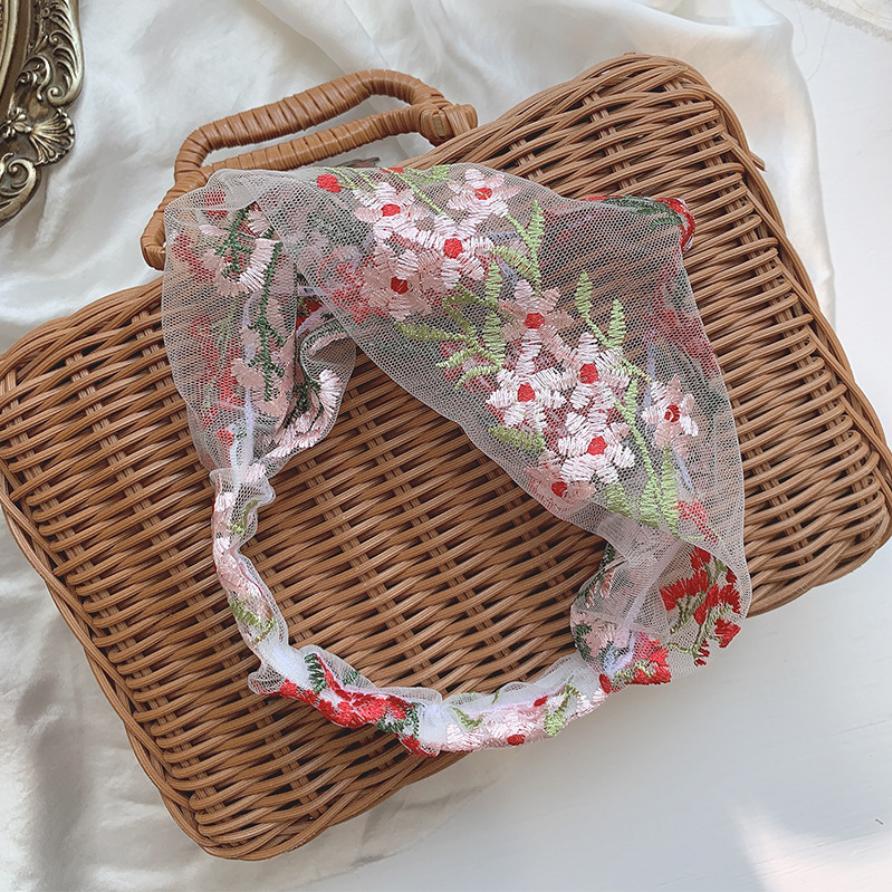 Female Ethnic Hairbands Elastic Embroidery Lace Flower Headband Chiffon Wide Head Wrap for Women Cross Knotted Hair Accessories