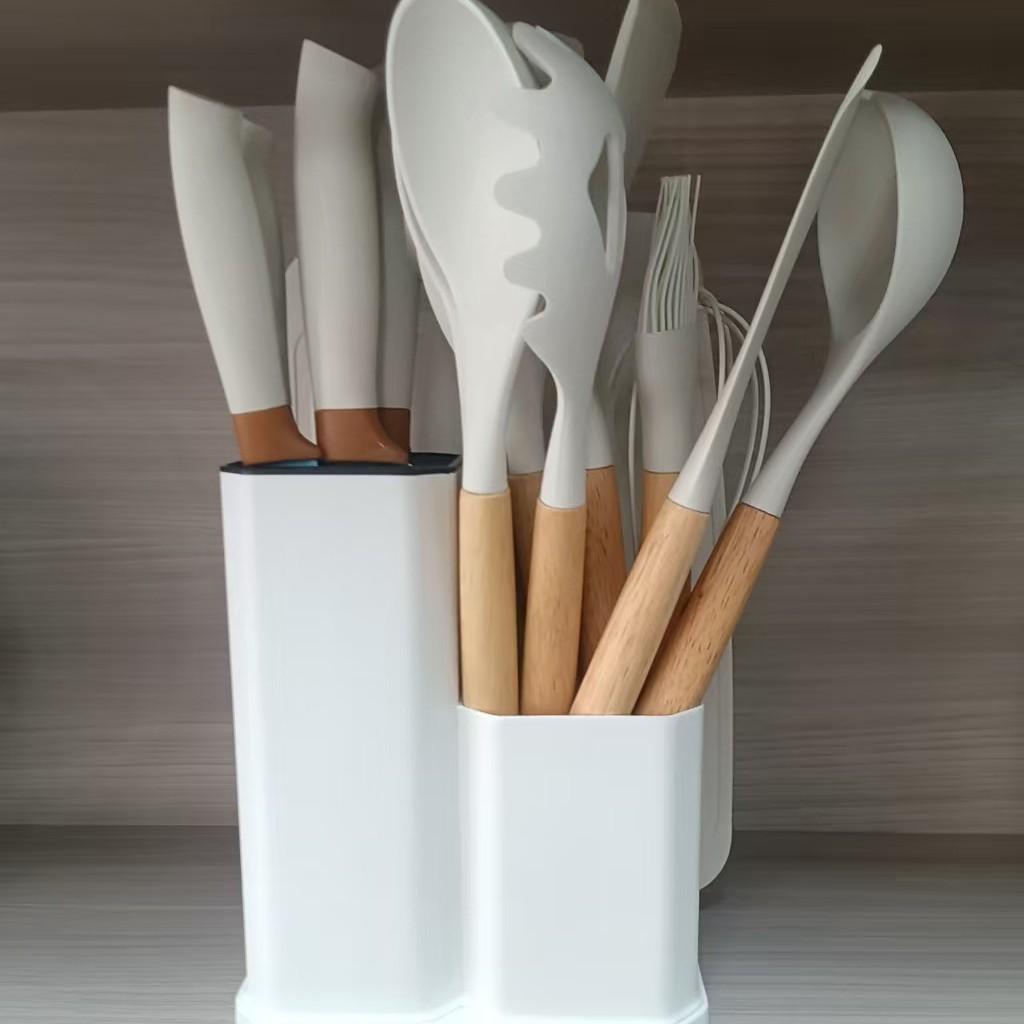 19-Piece Non-Stick Kitchenware Set: Silicone Spatula & Spoon with Wooden Handles + Knife Set In Stock