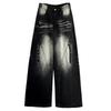 Women Gradient Washed Rivet Decor Wide Leg Denim Pants High Waist Baggy Jeans