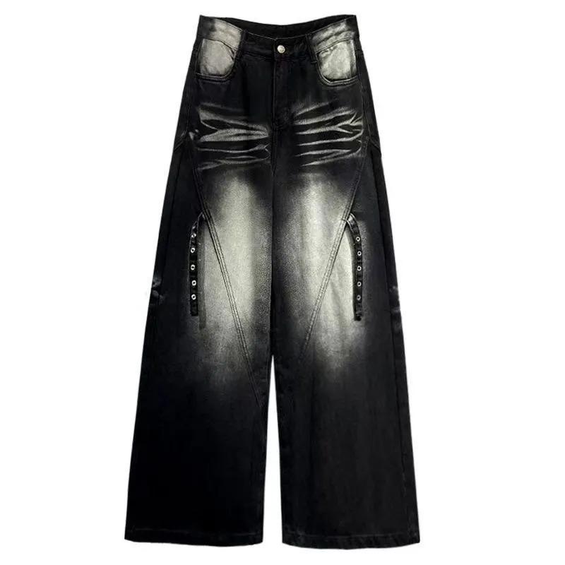 Women Gradient Washed Rivet Decor Wide Leg Denim Pants High Waist Baggy Jeans