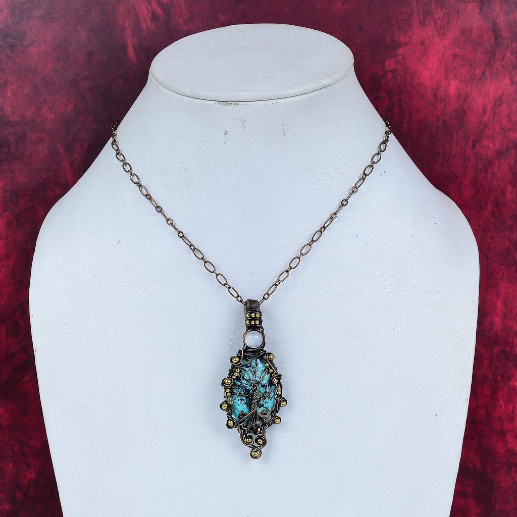 Tree of Life Chrysocolla Pendant Copper Wire Wrapped Jewelry Rainbow Moonstone Gemstone Pendant Gifts for Wife Handmade Copper Wire Pendant