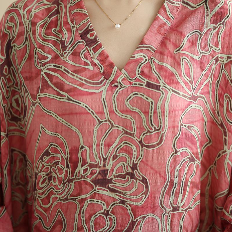 Dimanaf 2025 Women Plus Size Spring Long Dress Loose V-Neck Printing Vintage Casual Floral Oversize Long Sleeve 5059