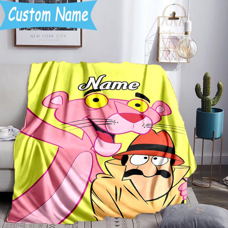 1PC Custom Name Pink-Panther Throws Blanket Flannel Blankets for Couch Bed Gifts for Men Women Travel Picnic Christmas fan Gifts
