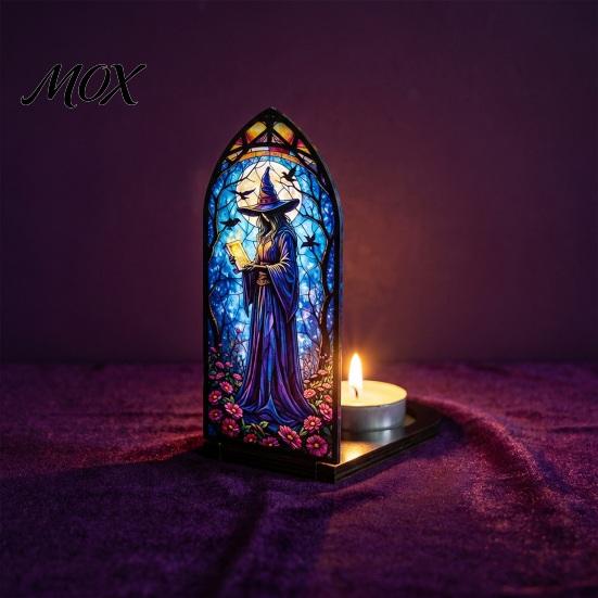 Vintage Church Window Light Halloween Candle Holder, Gothic Stained Glass Style Solid Wood Base Stand Retro Spooky Candlestick, Tabletop Atmosphere