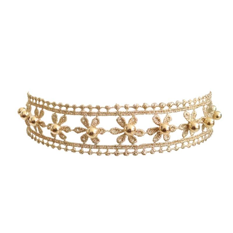 Korean Vintage Gold Lace Hollow Flower Beaded Choker Necklace For Women