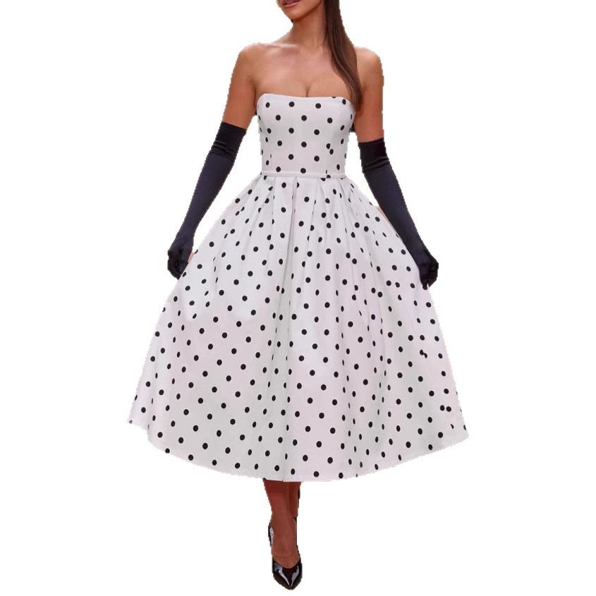 European and American women's polka dot strapless dress, French Hepburn-style waist-cinching fashion