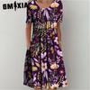 GMXIA 30 Color Pleated Midi Dress Short Sleeve Round Neck Loose Hem Mid-Calf Length Women Floral A-Line Party Dress Casual Wear