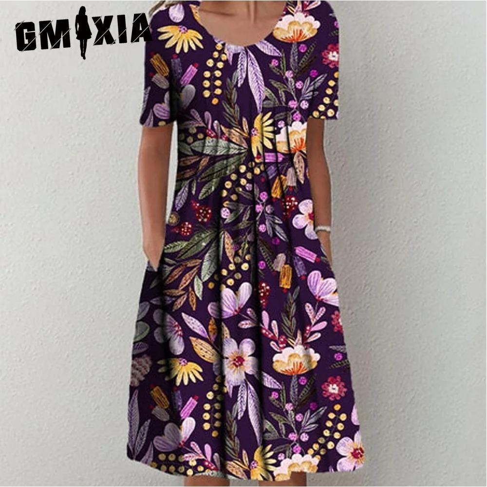 GMXIA 30 Color Pleated Midi Dress Short Sleeve Round Neck Loose Hem Mid-Calf Length Women Floral A-Line Party Dress Casual Wear