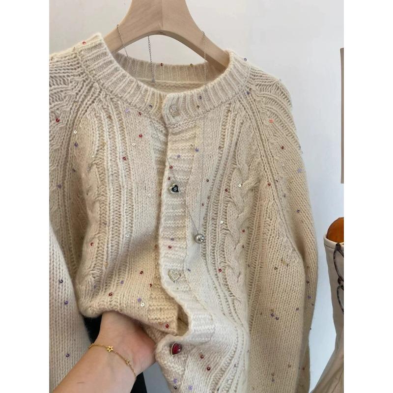 Recommended gray sequined raccoon fleece sweater cardigan jacket women's autumn and winter new knitted sweater