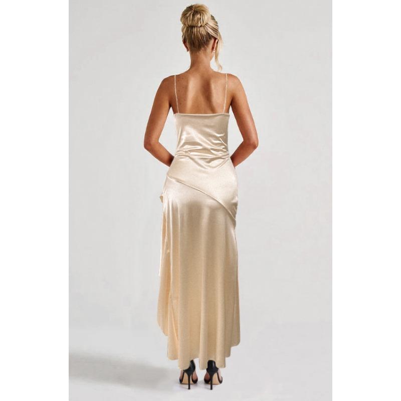 Καλοκαιρινό Σέξι Μοντέρνο Ασύμμετρο Σατέν Φόρεμα-Γιλέκο Γυναικείο Αμάνικο Ανοιχτό στην Πλάτη Βραδινό Πάρτι Φόρεμα Ρόμπα Femme