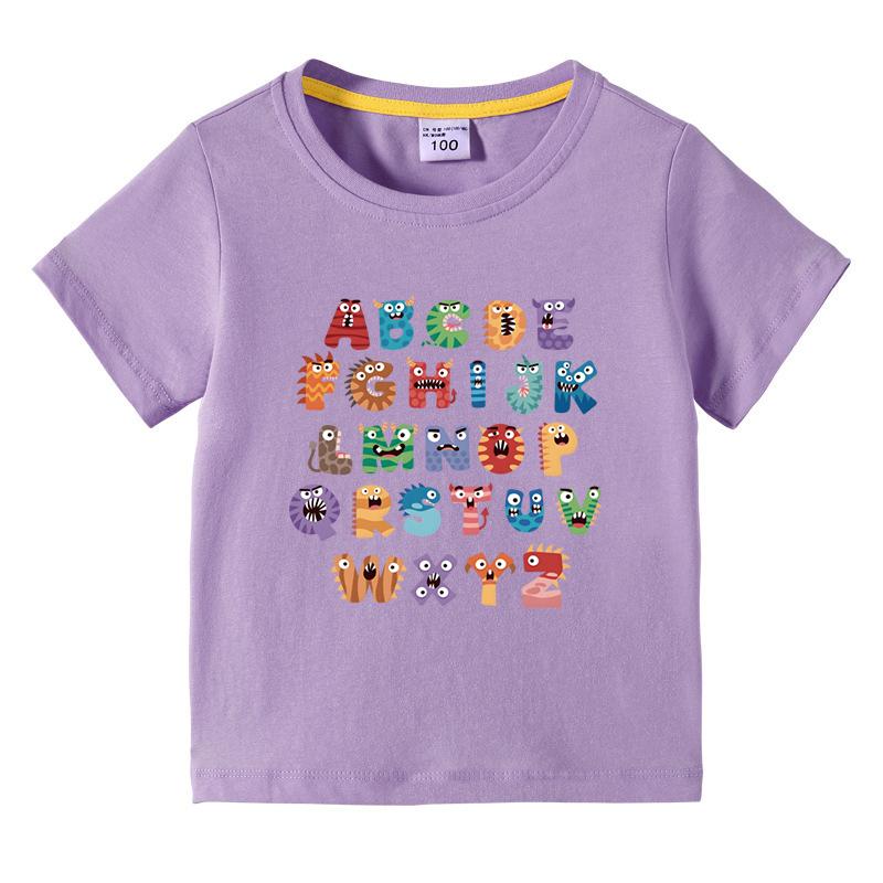 Boys Girls TShirt 26 Letters Print Black 100 Cotton Short Sleeve Tee Soft Casual Summer Tops for Kids Children