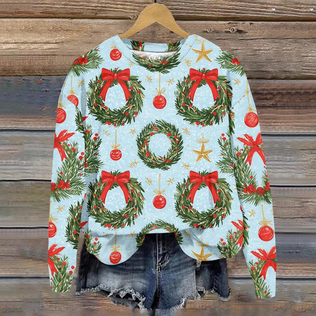 Women's Casual Long Sleeve Christmas Print Neck Pullover Sweatshirt Top