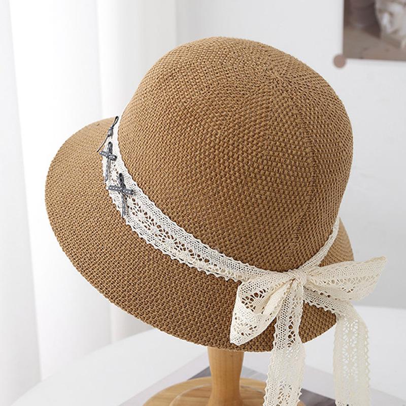 Breathable New Hat Women's Bucket Hat Spring and Summer Bow Lace Streamer Hollow Sunscreen Sunshade Sun Hat