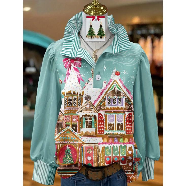 

Жіноча блузка в ретро різдвяний візерунок - відкладний комір, довгий рукав, вільний повсякденний силует, святковий топ з принтом ялинки, підходить для осені/зими 3XL червоний