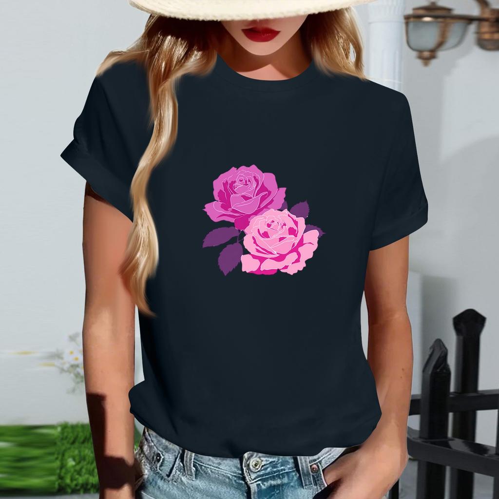 Women's Fashionable Round Neck Casual Retro Print Short Sleeved T-shirt Top