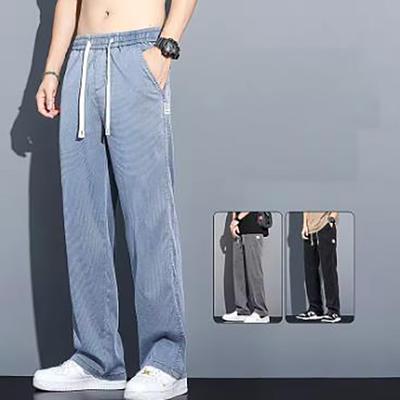 Spring Summer Soft Lyocell Fabric Men's Jeans Thin Loose Straight Leg PantsDrawstring Elastic Waist Korean Casual Pants