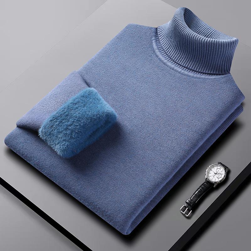 [Machine Washable] Men'S Semi-Turtleneck Sweater Integrated Fleece Winter Fleece Warm Sweater Close-Fitting Knitted Bottoming Shirt