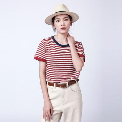 RAIN.CUN Women's Red Stripe Knit T-Shirt