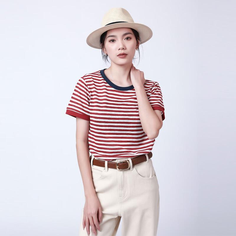 RAIN.CUN Women s Red Stripe Knit T-Shirt S