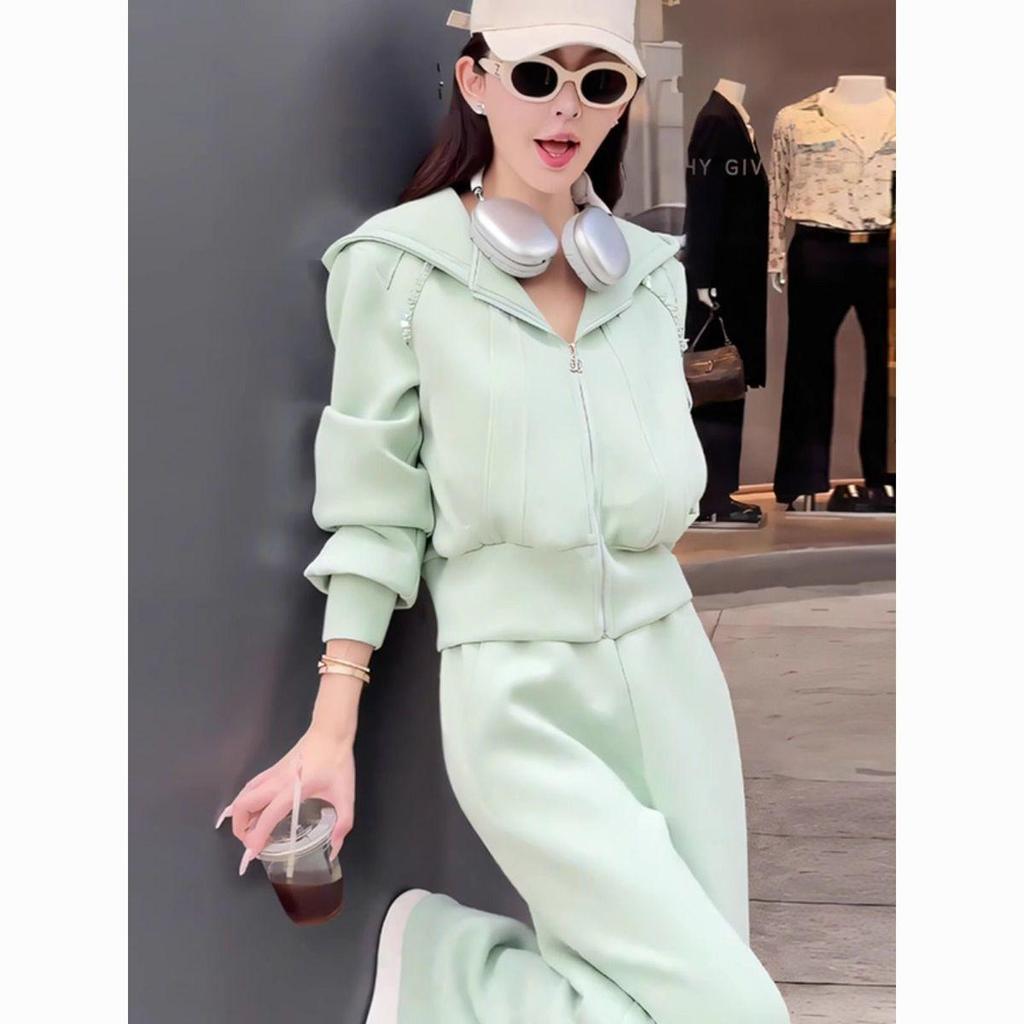 2025 Chic European Women's Spring Tracksuit: Hooded Sweatshirt & Wide-Leg Pants Two-Piece Set