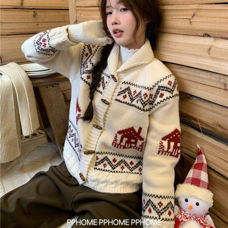 New Fair Island women's autumn clothes retro sweater horn buckle jacket autumn top women's design knitted cardigan