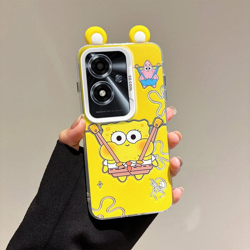 KEYSION Cute Ear Cartoon Case for OPPO A79 5G with Lanyard Soft Silicone+PC Shockproof Phone Back Cover for OPPO A79 5G