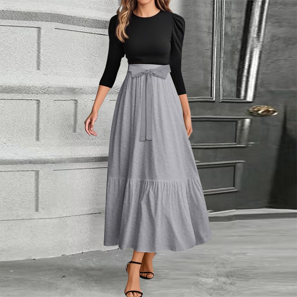 Women's Fashion Casual Belt Round Neck Solid Color Splicing Elegant Temperament Three-quarter Sleeve Dress