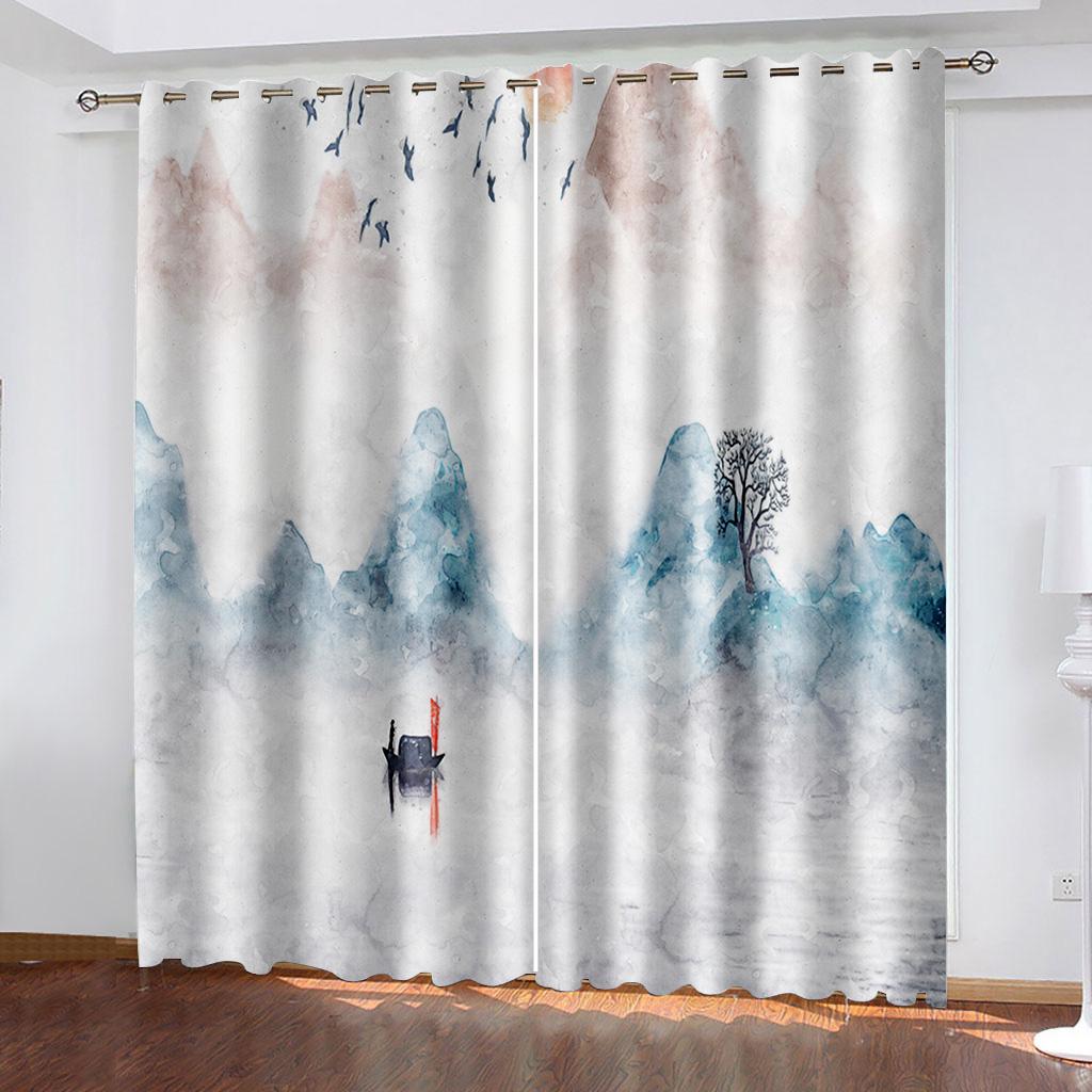 3D Chinese Style Ink Painting Series Luxury Home Sunshade Curtains 2 Pieces of Living Room Bedroom Decoration Hook Punch
