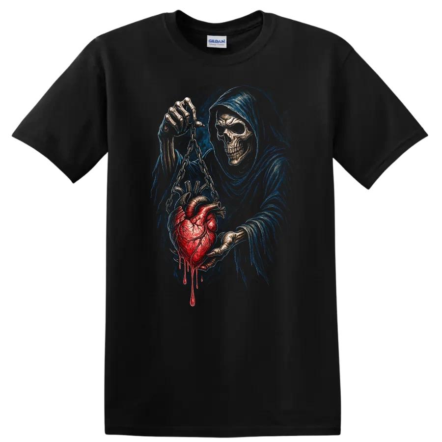 Grim Reaper Holding Bloody Heart Graphic Design T Shirt Creepy Art Tee
