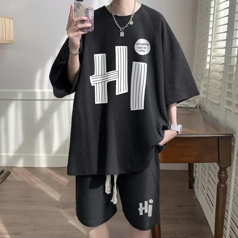 

Повседневная мужская летняя футболка шорты комплект из двух предметов свободный крой гонконгский стиль принт спортивная одежда больших размеров 6XL