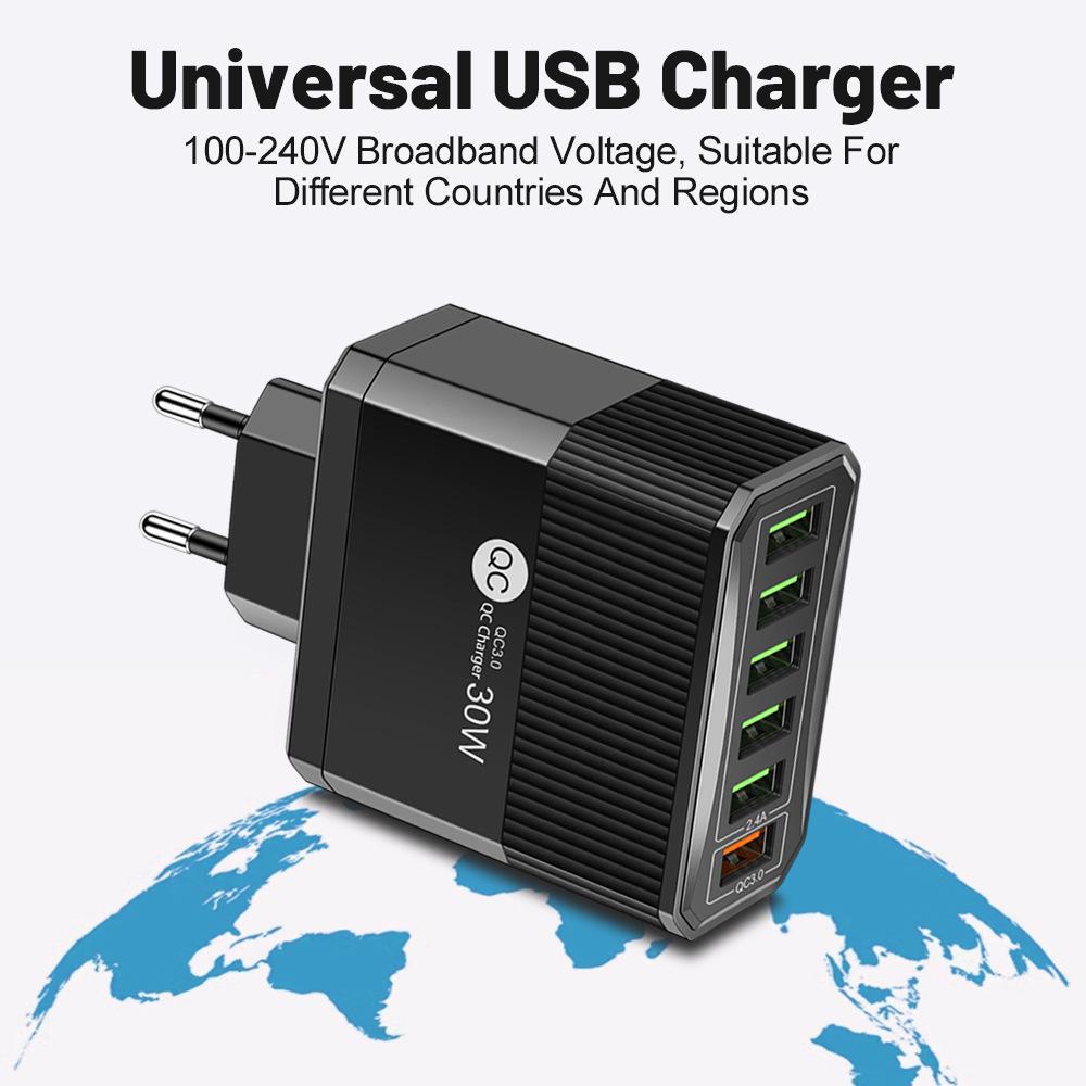 30W 6-Port QC3.0 Multi-Plug Fast Charger for EU, US, UK, & Korea