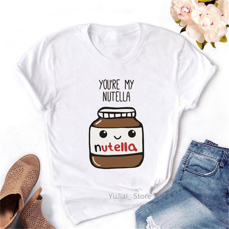 Kocham Nutellę Koszulki z Nadrukiem Literek Ubrania Unisex 2024 Śmieszna Koszulka Damska Krótki Rękaw Biała Koszulka Letnie Topy Koszulka