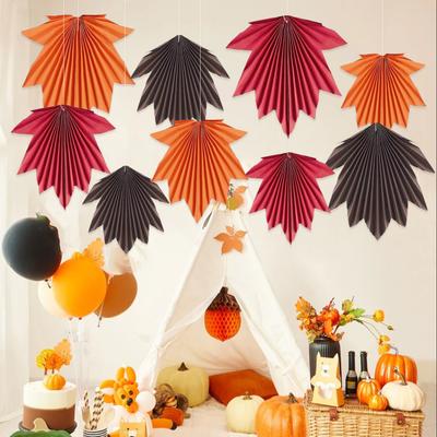 9 Pcs Fall Party Maple Leaves Paper Fans Rustic Hanging Paper Fan Decoration for Autumn Thanksgiving Birthday Baby Shower Wedding Decor
