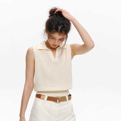 Polo Collar Knitted Vest Short Sleeveless Base Layer Top for Women In Summer