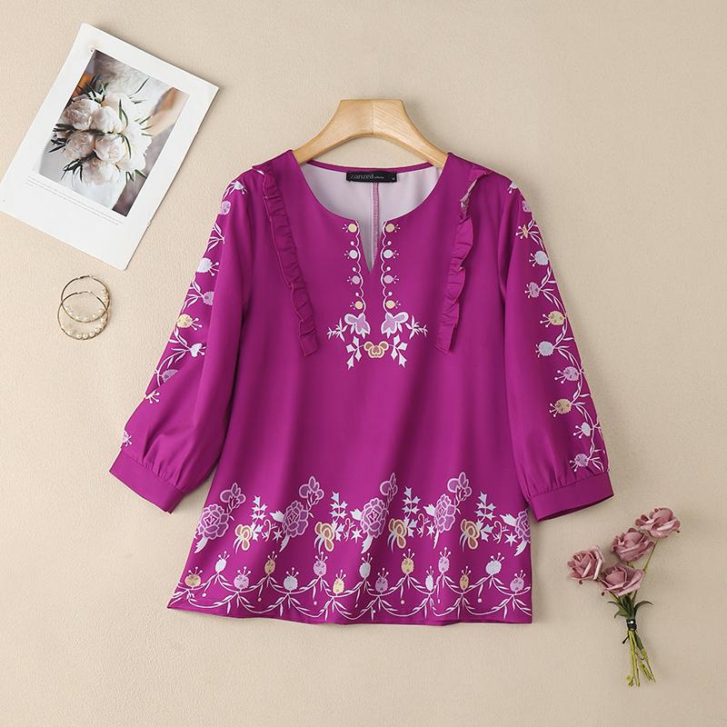 ZANZEA Dámská ležérní halenka s výstřihem do V a 3/4 rukávy s květinovým potiskem