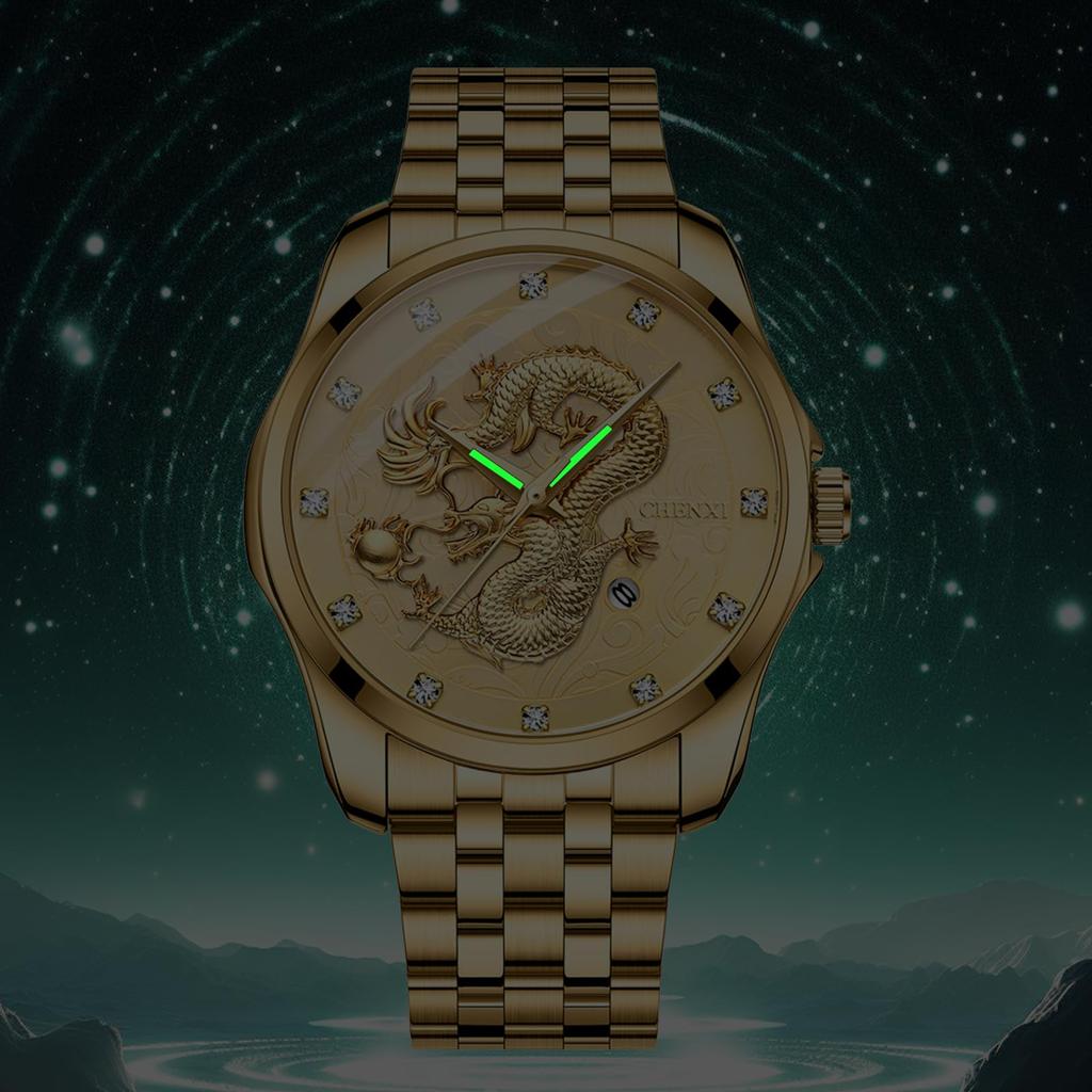 Men's Stainless Steel Dragon Watch In Gold: Luminous Analogue Watch with Calendar, Dragon Design, Antique Quartz Movement, 3ATM Water Resistance,