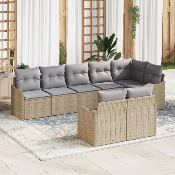 Set de Canapé de jardin 8 pièces vidaXL avec coussins en rattan poly beige, Canapé de jardin 2 places vidaXL avec coussins 3345750