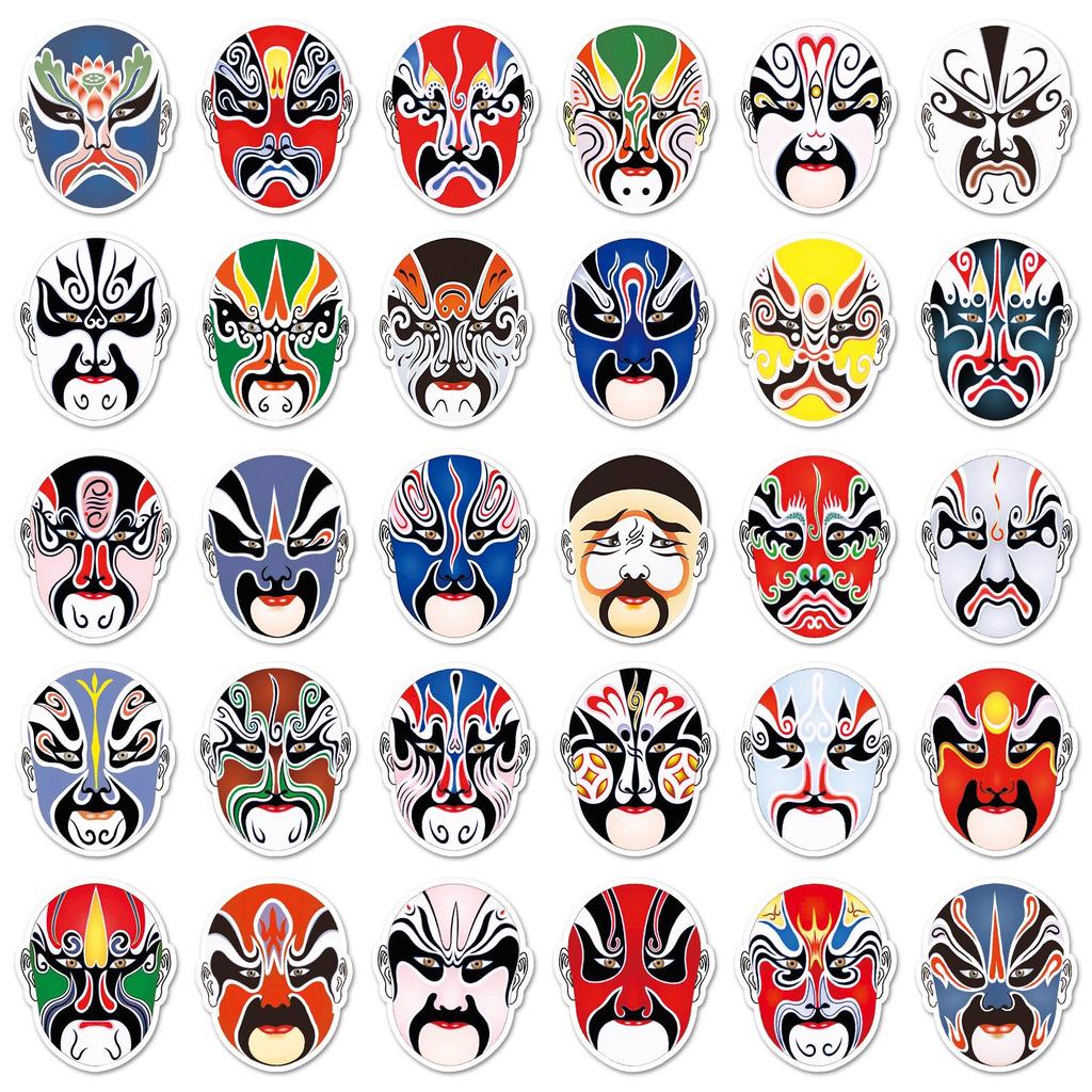 60 Pcs Peking Opera Style Face Painting Stickers for Thermos, Phones, and Planners - Creative Chinese Graffiti Decor