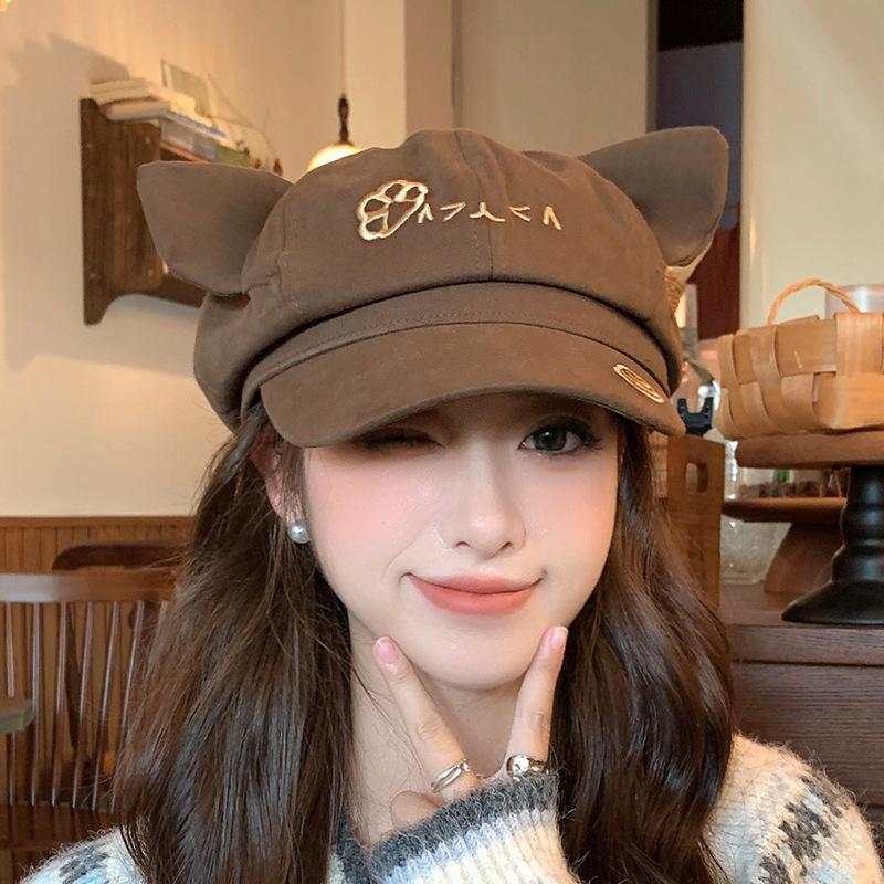 

Korean Retro Cat Ear Octagonal Beret For Women Autumn And Winter Brushed And Warm as the picture